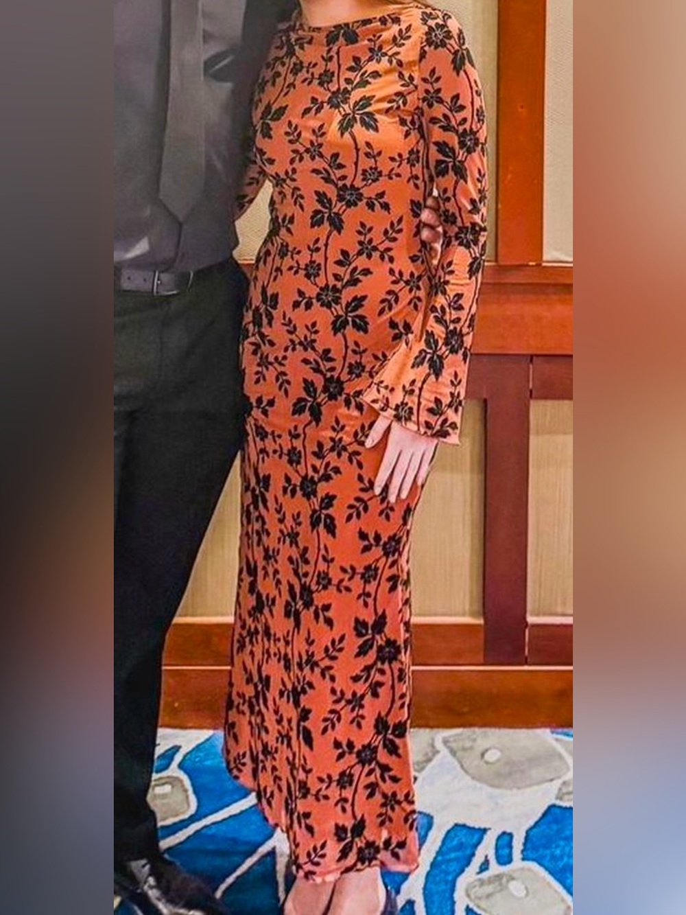 Amazon Rust Orange Maxi Dress with Black Floral Print